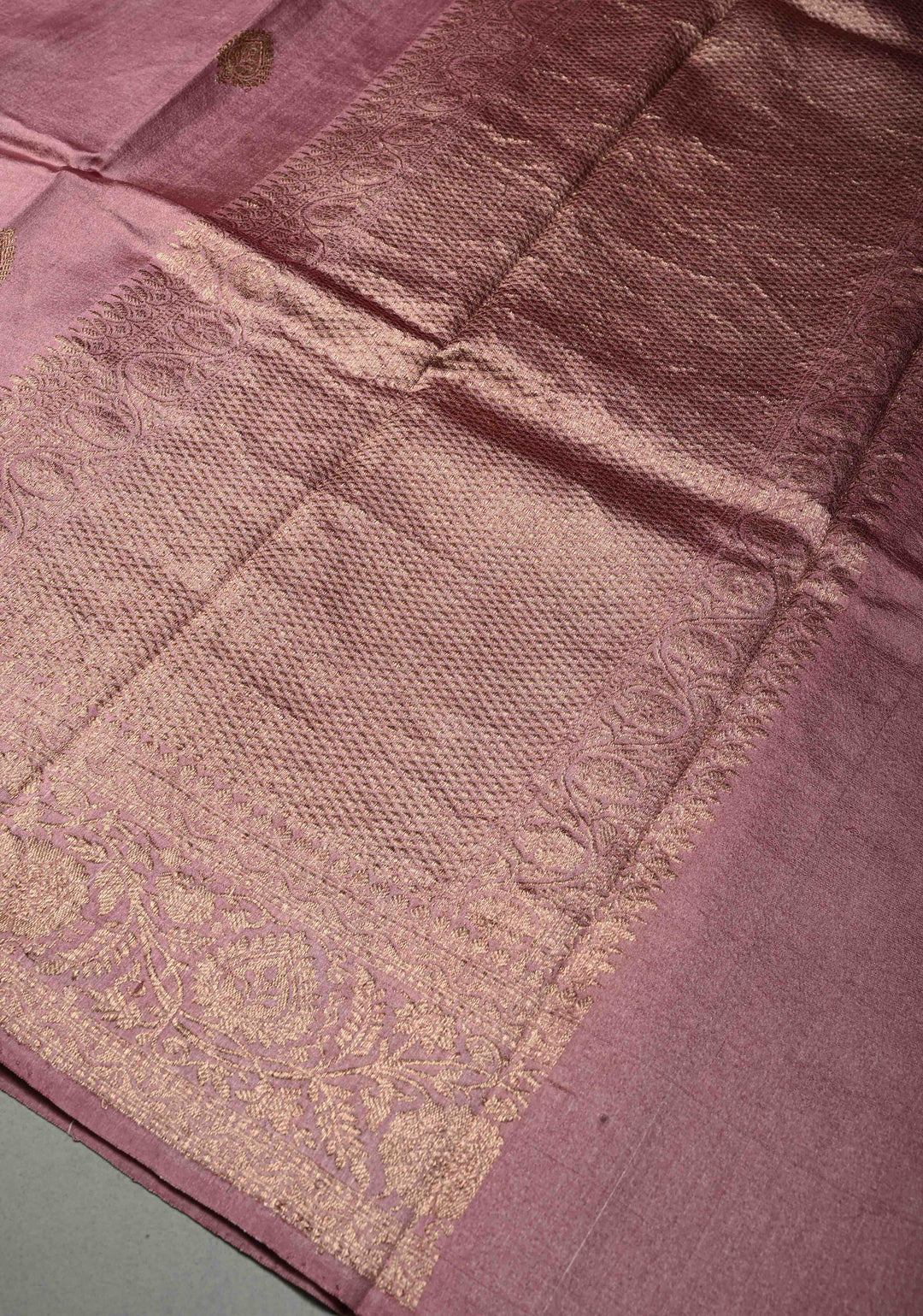 Dusty Rose Pure Banarasi Raw Silk Saree with Antique Floral Zari Buttas and Zari Border | SILK MARK CERTIFIED | SHOBITAM