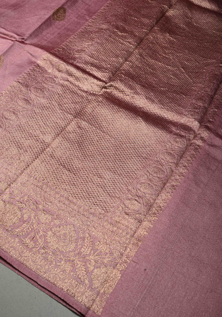 Dusty Rose Pure Banarasi Raw Silk Saree with Antique Floral Zari Buttas and Zari Border | SILK MARK CERTIFIED | SHOBITAM