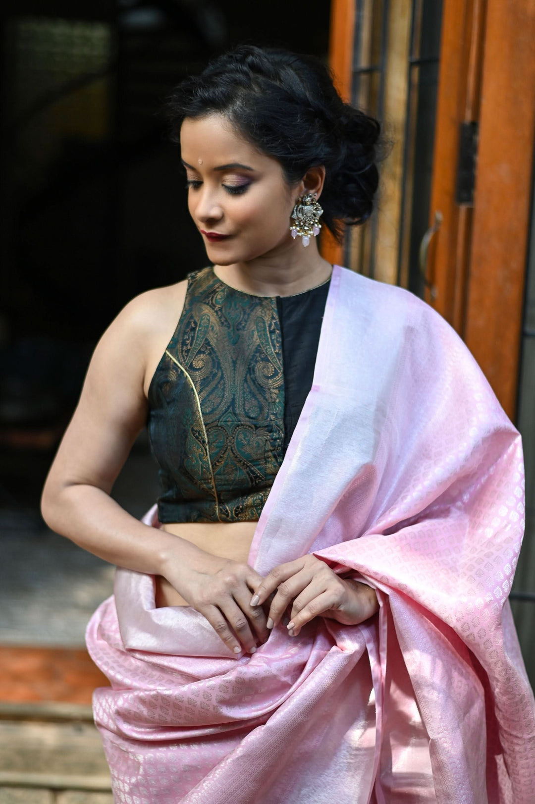 Made to Measure: Black green brocade & black rawsilk three loop back opening