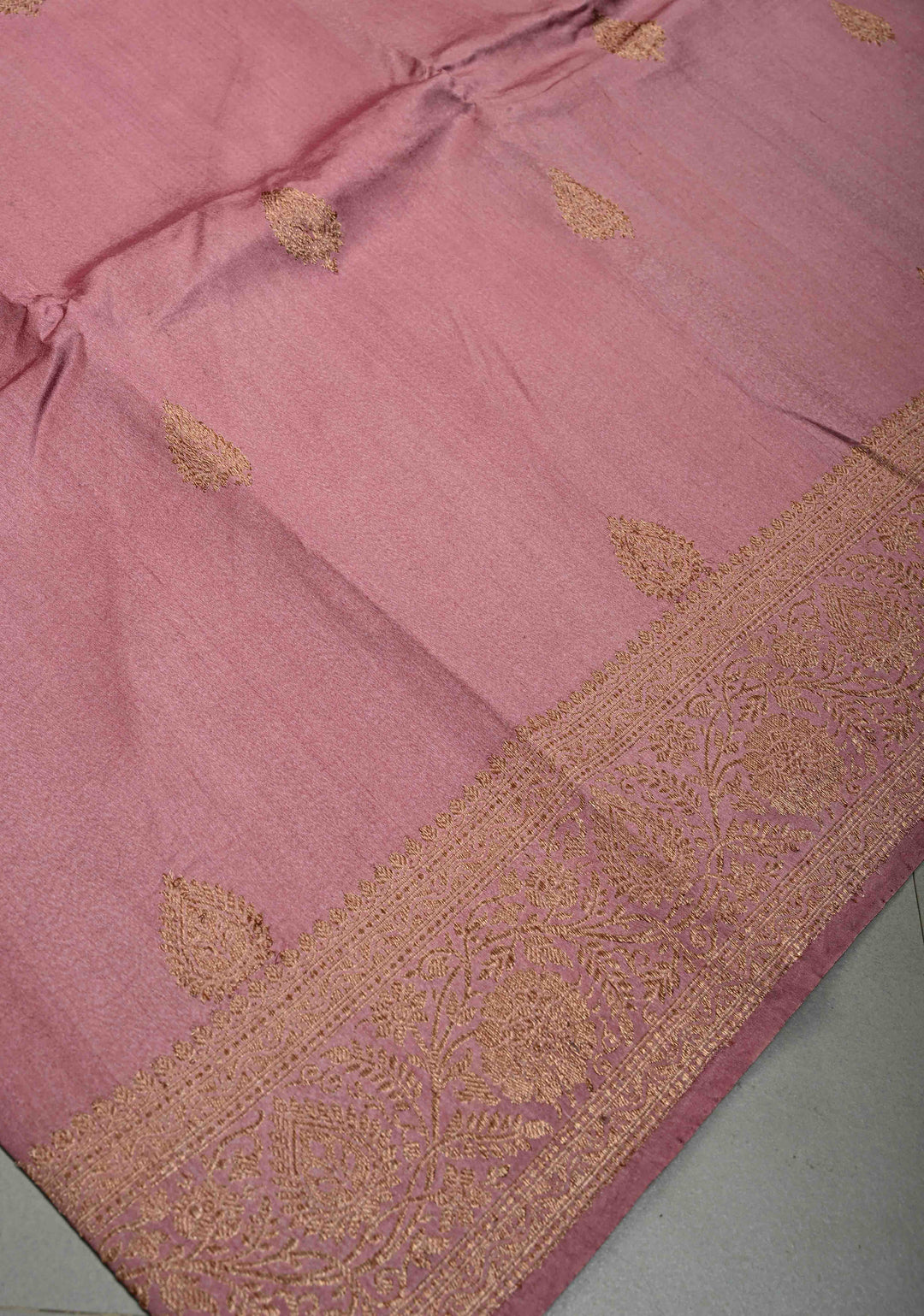 Dusty Rose Pure Banarasi Raw Silk Saree with Antique Floral Zari Buttas and Zari Border | SILK MARK CERTIFIED | SHOBITAM