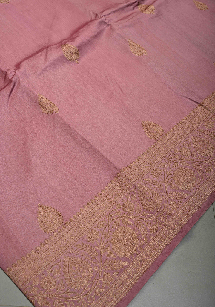 Dusty Rose Pure Banarasi Raw Silk Saree with Antique Floral Zari Buttas and Zari Border | SILK MARK CERTIFIED | SHOBITAM