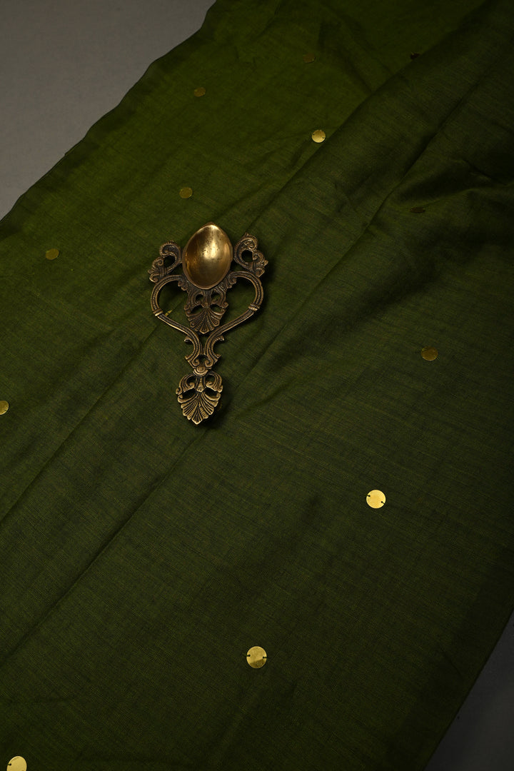 Parrot Green Mercerized Mul Cotton saree in With Tikki work and Long Tassels, No Blouse Piece | SHOBITAM