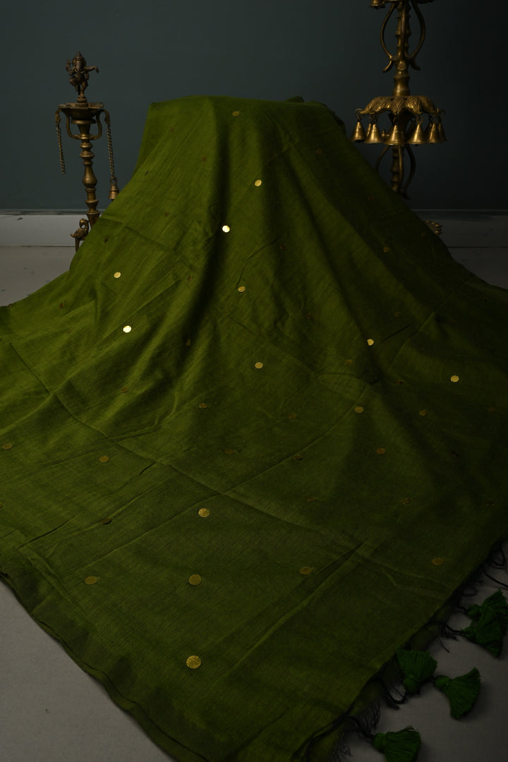 Parrot Green Mercerized Mul Cotton saree in With Tikki work and Long Tassels, No Blouse Piece | SHOBITAM