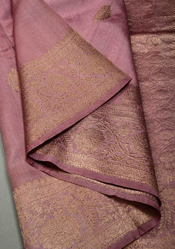 Dusty Rose Pure Banarasi Raw Silk Saree with Antique Floral Zari Buttas and Zari Border | SILK MARK CERTIFIED | SHOBITAM