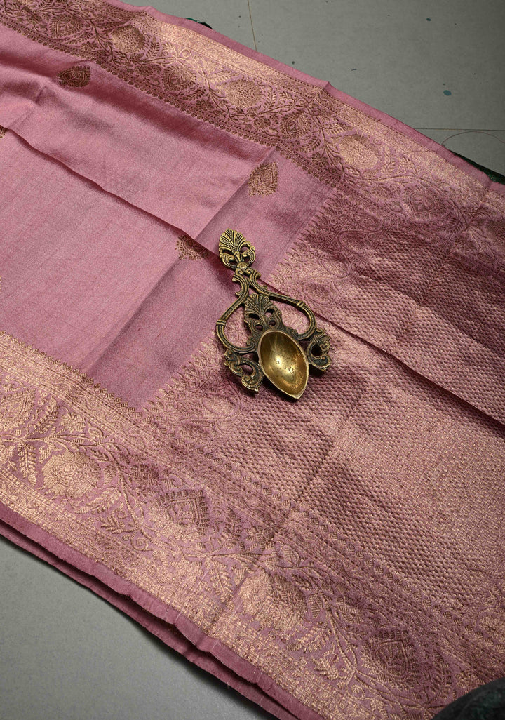 Dusty Rose Pure Banarasi Raw Silk Saree with Antique Floral Zari Buttas and Zari Border | SILK MARK CERTIFIED | SHOBITAM