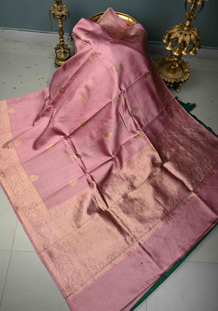 Dusty Rose Pure Banarasi Raw Silk Saree with Antique Floral Zari Buttas and Zari Border | SILK MARK CERTIFIED | SHOBITAM