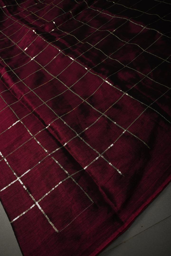 Tyrian Purple Borderless Cotton by Tissue Saree with Sequins Checks, No Blouse Piece | SHOBITAM