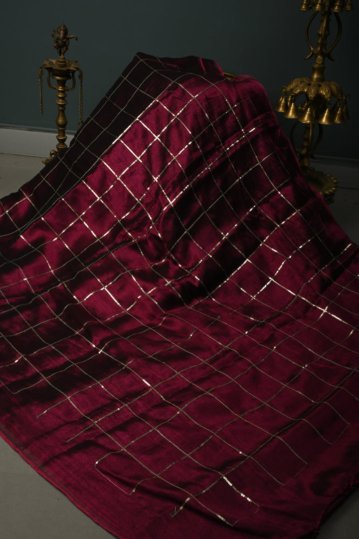 Tyrian Purple Borderless Cotton by Tissue Saree with Sequins Checks, No Blouse Piece | SHOBITAM