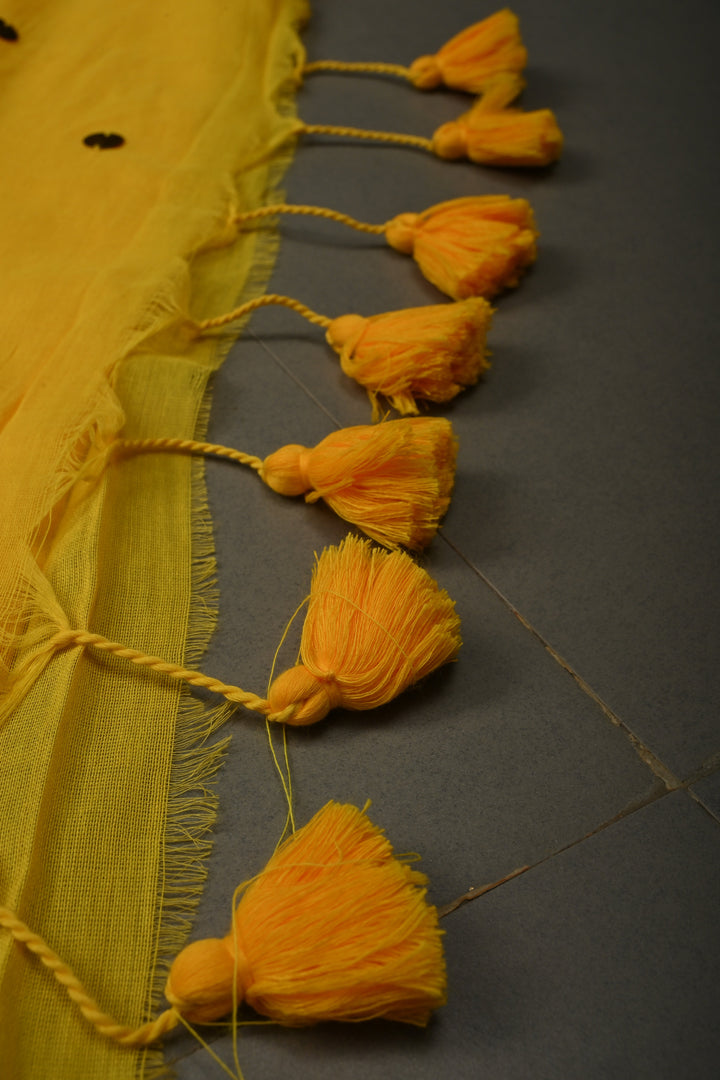 Haldi Yellow Mercerized Mul Cotton Saree with Tikki Work and Long Tassels, No Blouse Piece | SHOBITAM