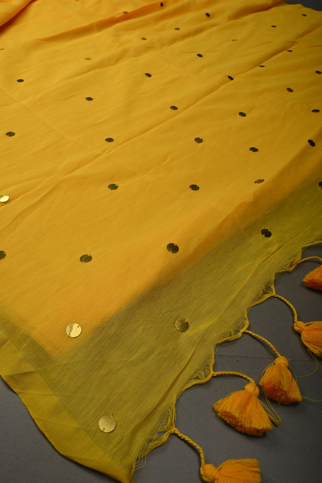 Haldi Yellow Mercerized Mul Cotton Saree with Tikki Work and Long Tassels, No Blouse Piece | SHOBITAM