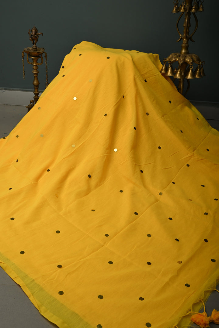Haldi Yellow Mercerized Mul Cotton Saree with Tikki Work and Long Tassels, No Blouse Piece | SHOBITAM