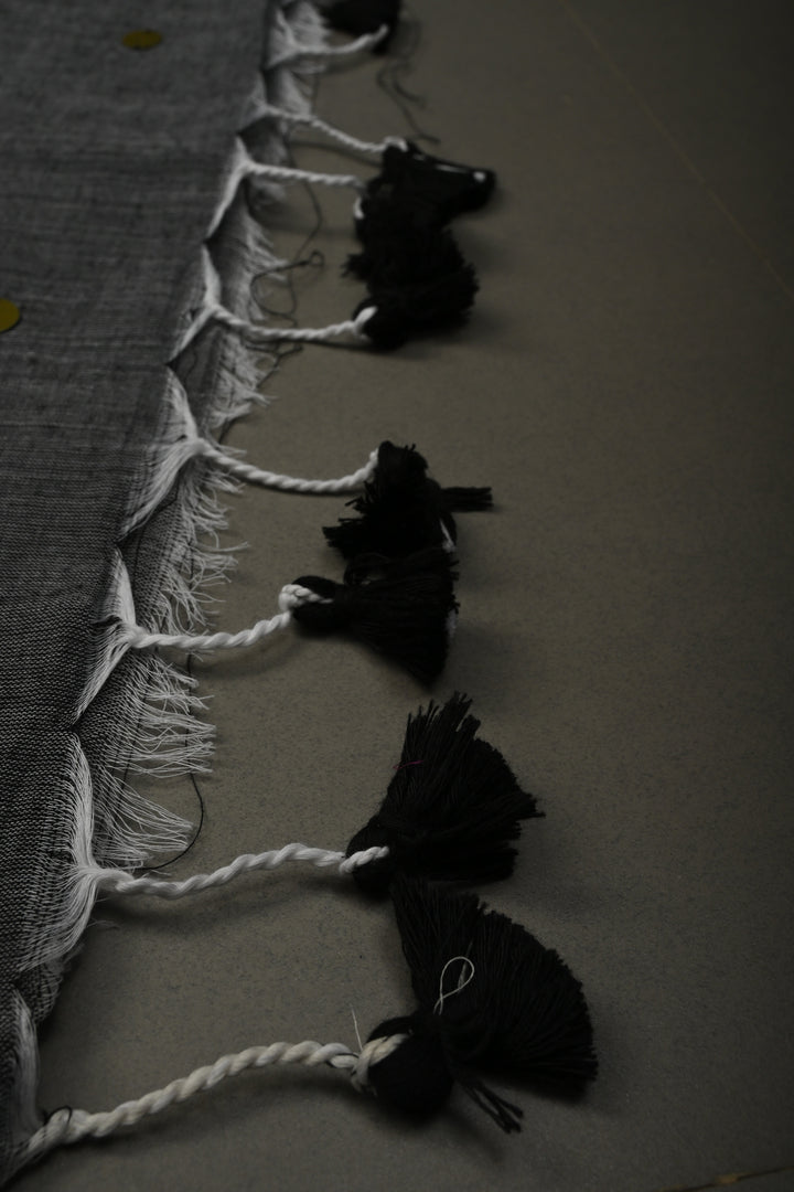 Gray Mercerized Mul Cotton saree in With Tikki work and Long Tassels, No Blouse Piece