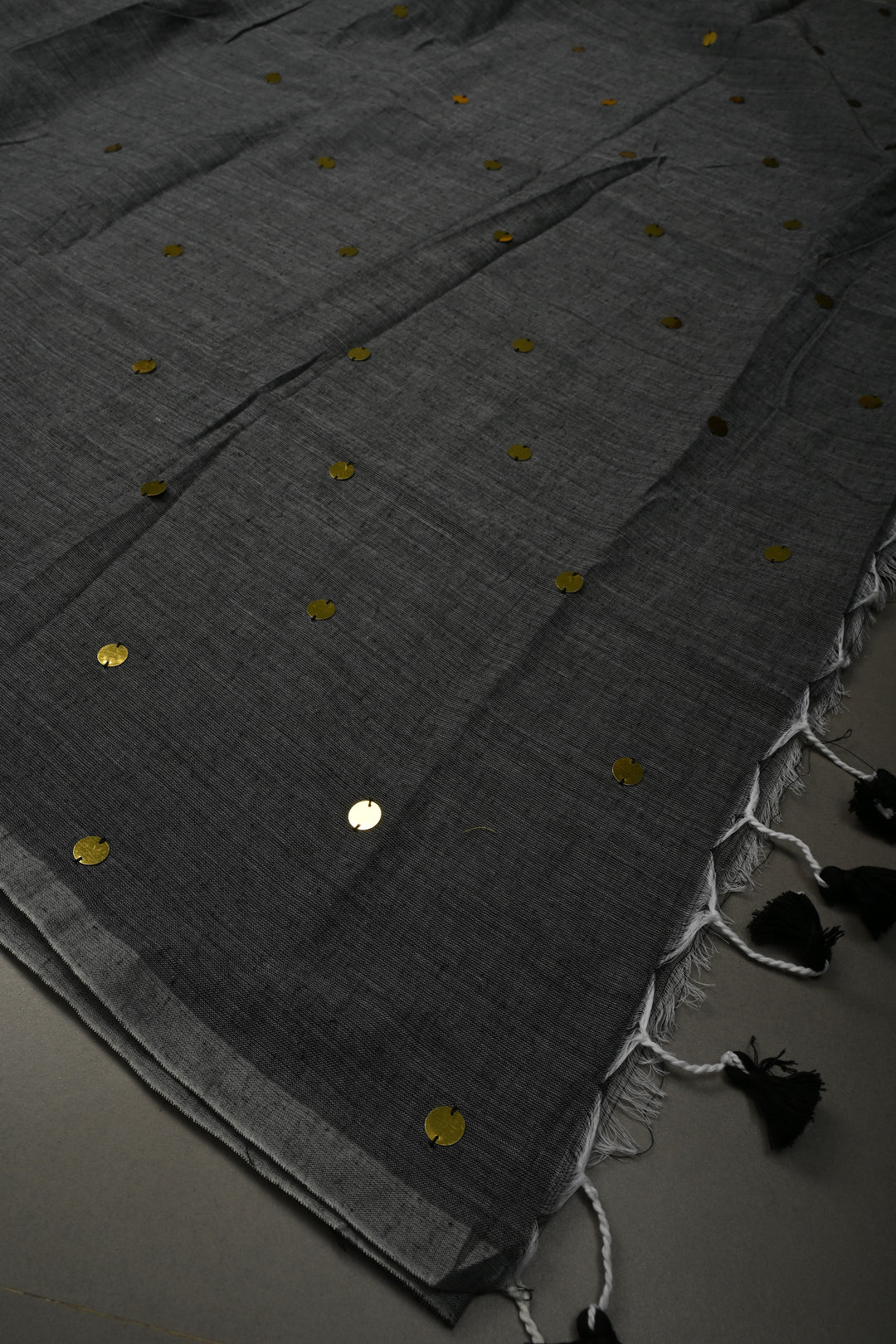 Gray Mercerized Mul Cotton saree in With Tikki work and Long Tassels, No Blouse Piece