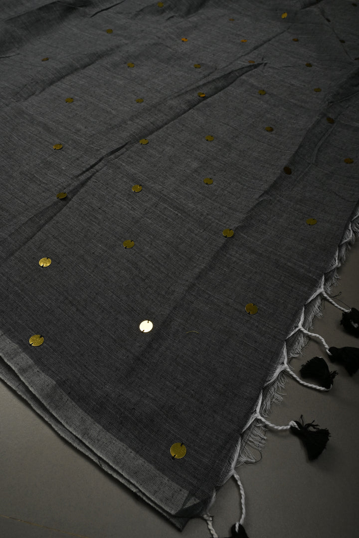 Gray Mercerized Mul Cotton saree in With Tikki work and Long Tassels, No Blouse Piece