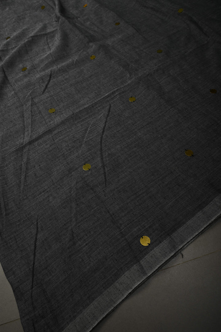 Gray Mercerized Mul Cotton saree in With Tikki work and Long Tassels, No Blouse Piece