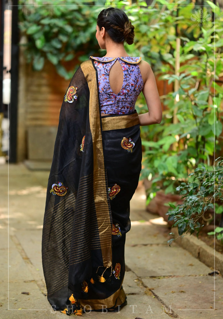 Annapakshi -the divine Swan embroidered motifs on Black Silk Linen Saree
