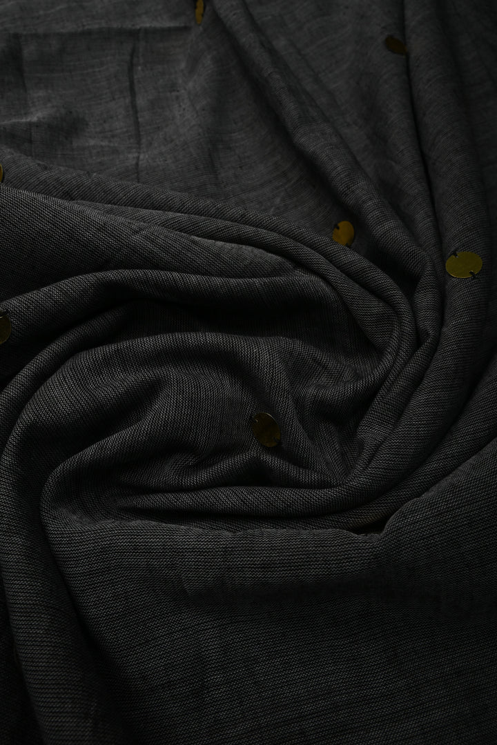 Gray Mercerized Mul Cotton saree in With Tikki work and Long Tassels, No Blouse Piece