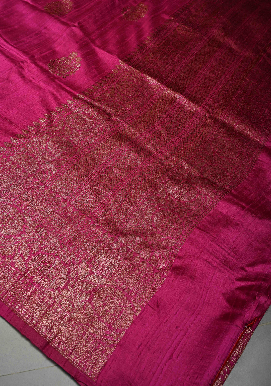 Magenta Banarasi Raw Silk Saree with Antique Zari Buttas and Zari Border | SILK MARK CERTIFIED | SHOBITAM