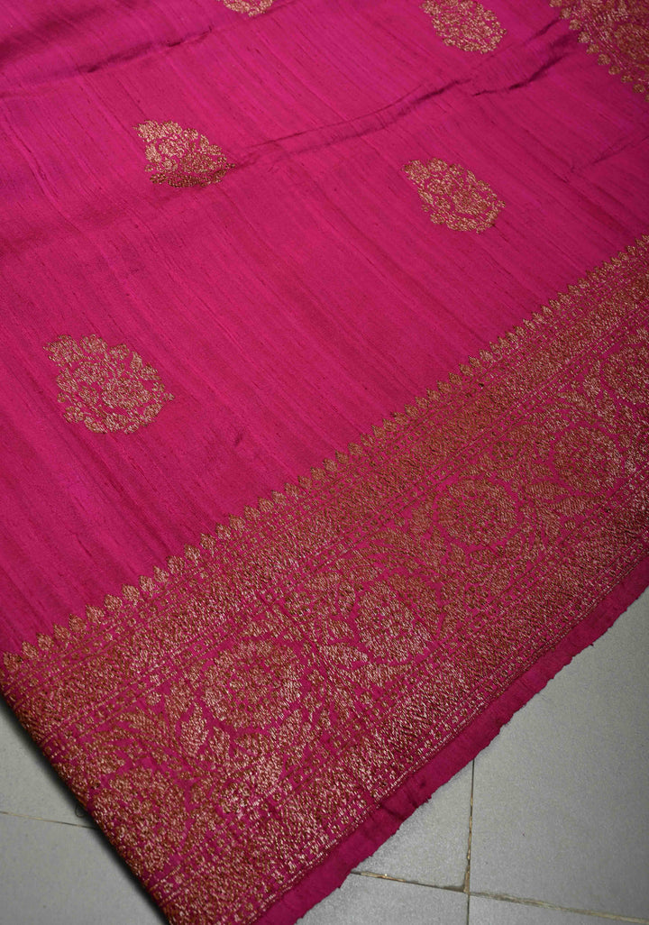 Magenta Banarasi Raw Silk Saree with Antique Zari Buttas and Zari Border | SILK MARK CERTIFIED | SHOBITAM