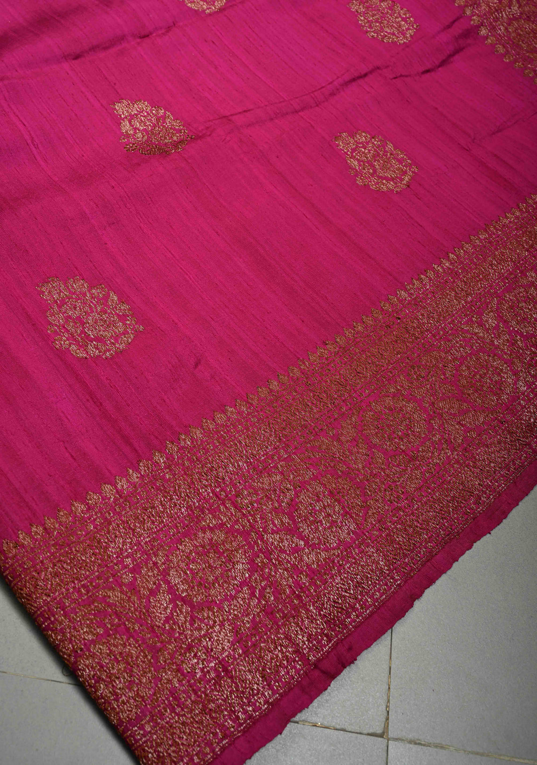 Magenta Banarasi Raw Silk Saree with Antique Zari Buttas and Zari Border | SILK MARK CERTIFIED | SHOBITAM