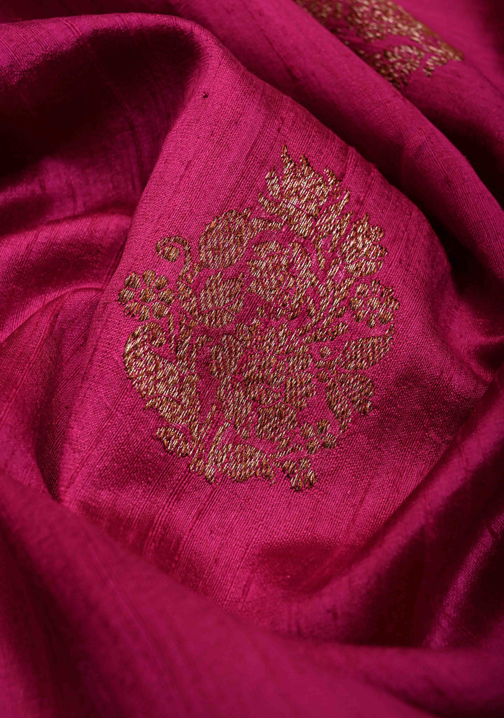 Magenta Banarasi Raw Silk Saree with Antique Zari Buttas and Zari Border | SILK MARK CERTIFIED | SHOBITAM