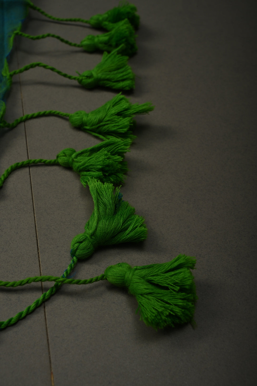 Peacock Blue-Green Mercerized Mul Cotton Saree with Tikki Work and Long Tassels, No Blouse Piece | SHOBITAM