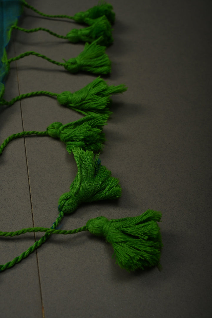 Peacock Blue-Green Mercerized Mul Cotton Saree with Tikki Work and Long Tassels, No Blouse Piece | SHOBITAM
