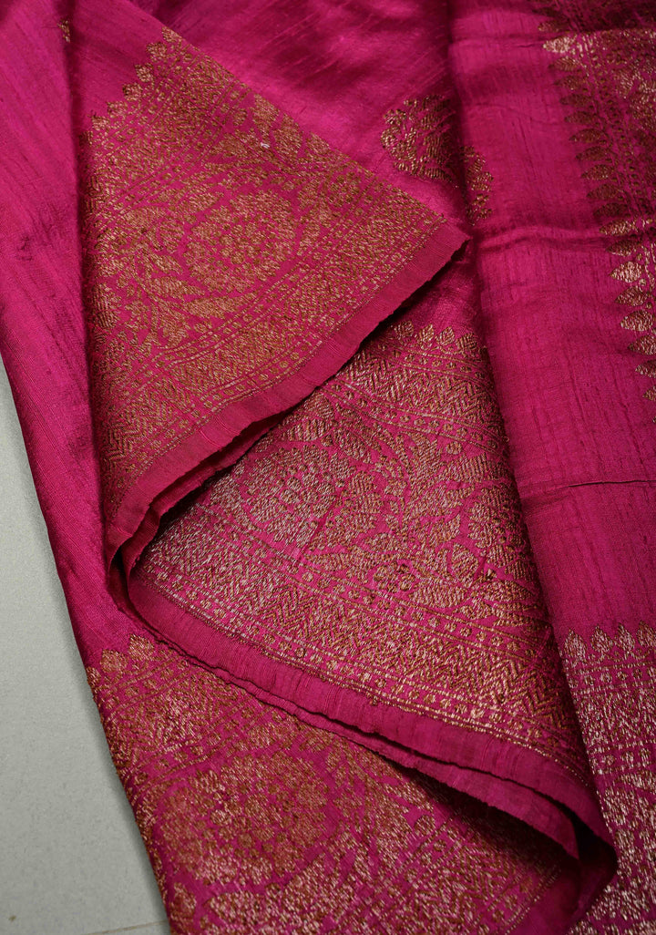 Magenta Banarasi Raw Silk Saree with Antique Zari Buttas and Zari Border | SILK MARK CERTIFIED | SHOBITAM