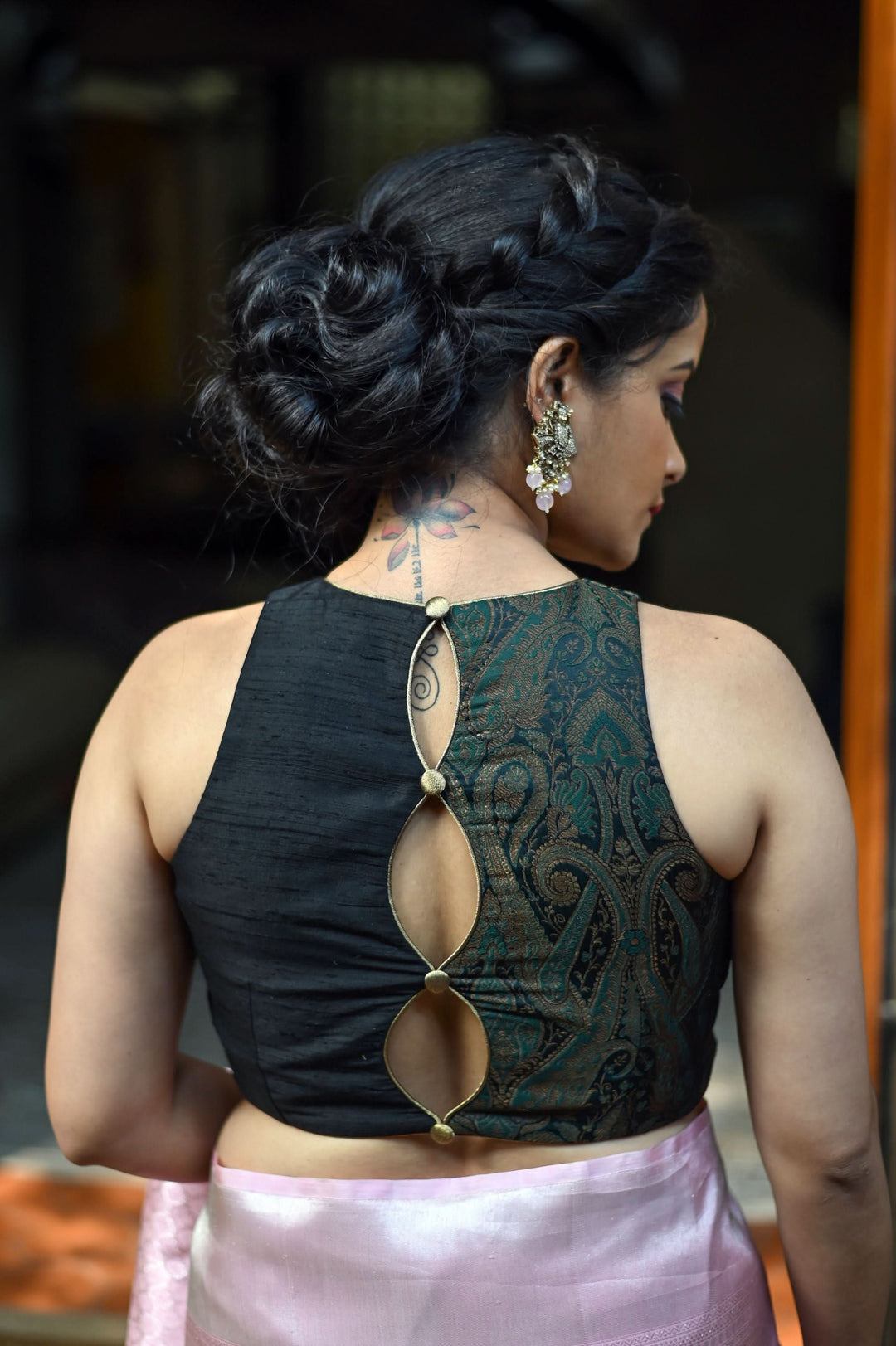 Made to Measure: Black green brocade & black rawsilk three loop back opening