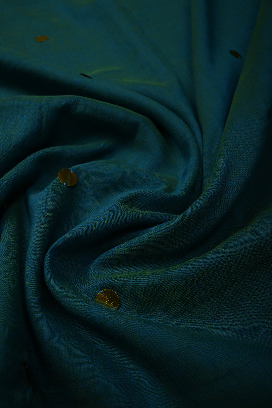 Peacock Blue-Green Mercerized Mul Cotton Saree with Tikki Work and Long Tassels, No Blouse Piece | SHOBITAM