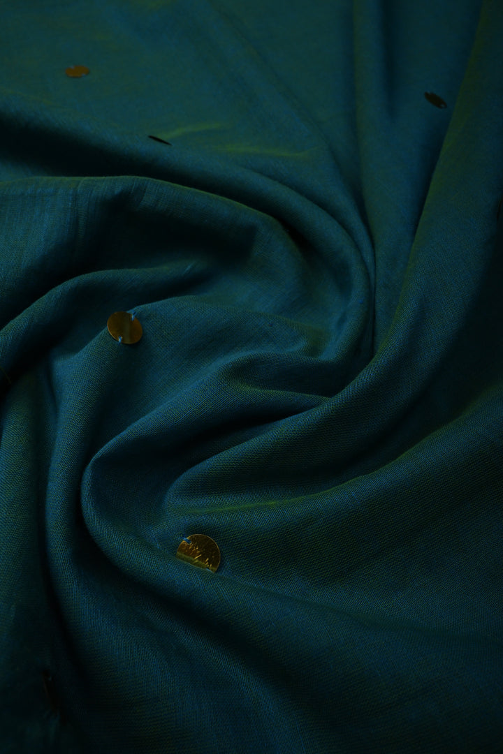 Peacock Blue-Green Mercerized Mul Cotton Saree with Tikki Work and Long Tassels, No Blouse Piece | SHOBITAM