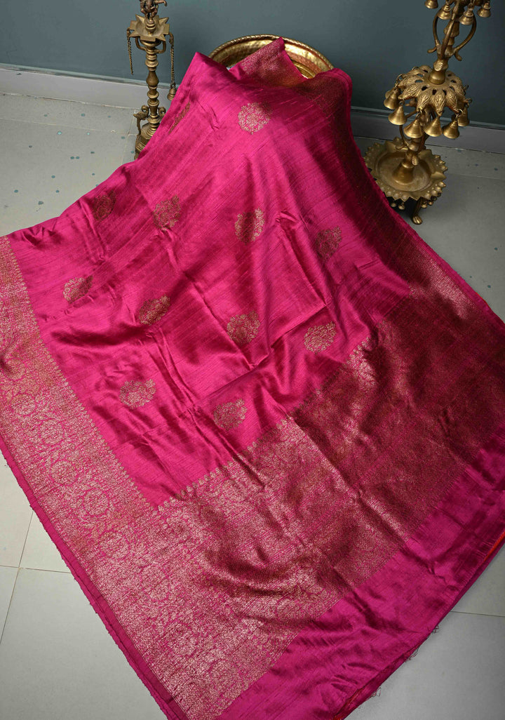 Magenta Banarasi Raw Silk Saree with Antique Zari Buttas and Zari Border | SILK MARK CERTIFIED | SHOBITAM