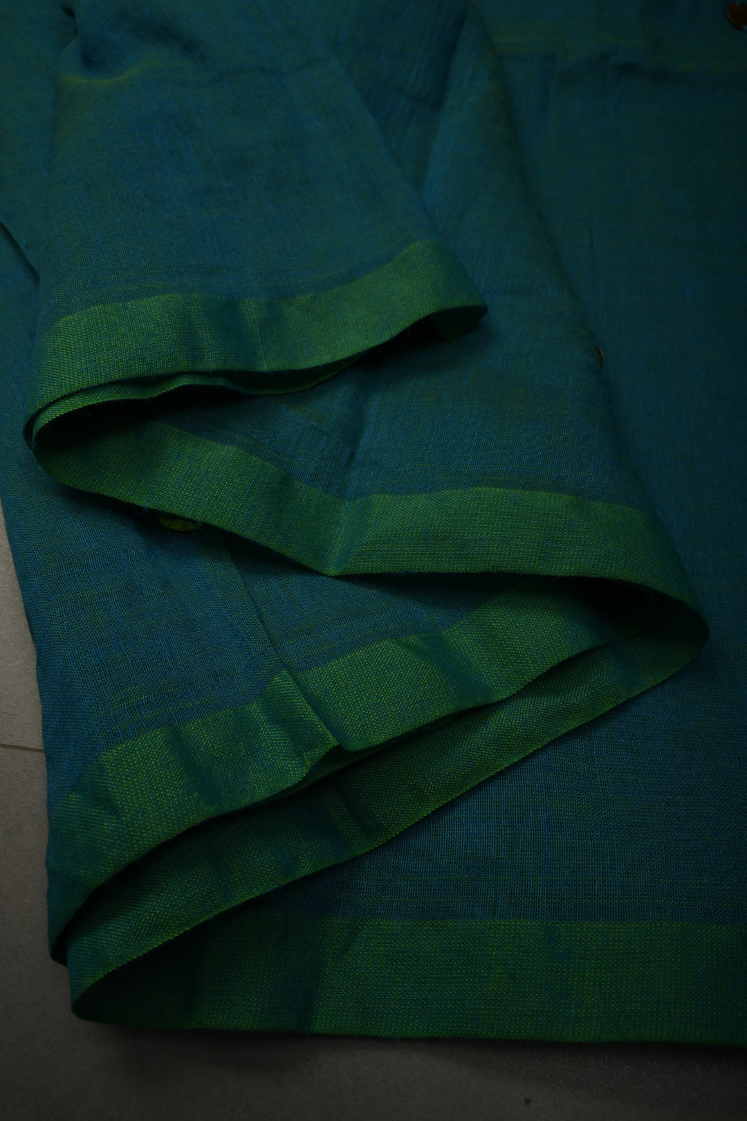 Peacock Blue-Green Mercerized Mul Cotton Saree with Tikki Work and Long Tassels, No Blouse Piece | SHOBITAM