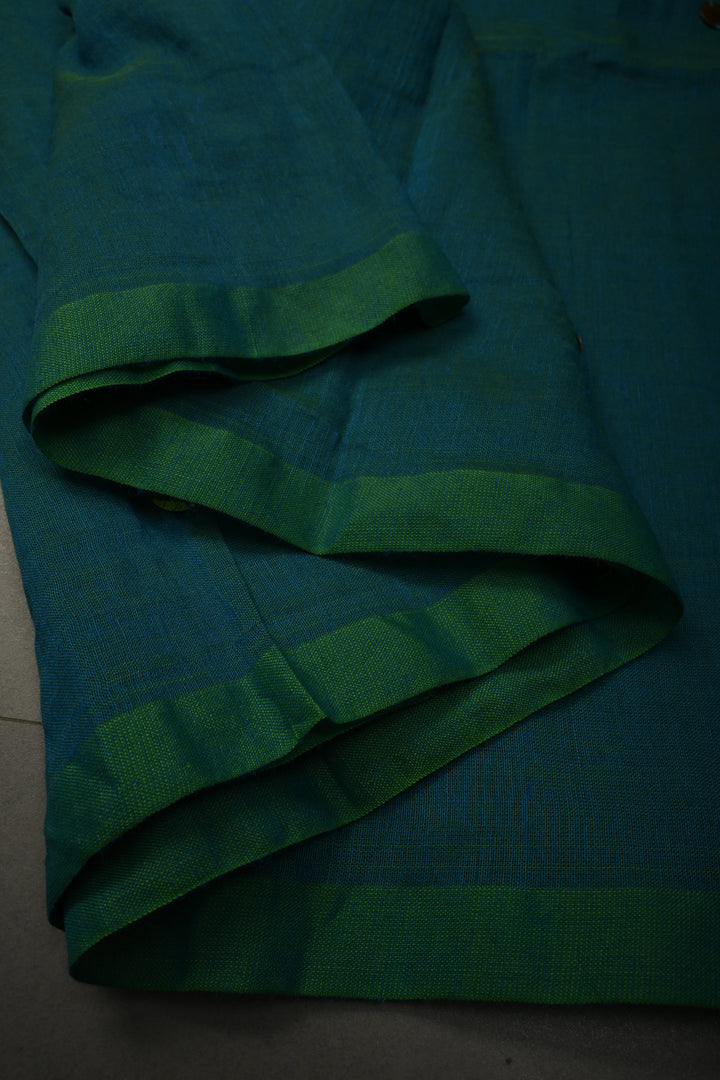 Peacock Blue-Green Mercerized Mul Cotton Saree with Tikki Work and Long Tassels, No Blouse Piece | SHOBITAM