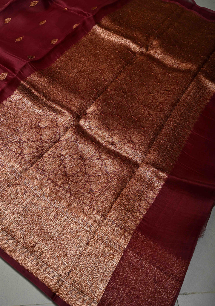 Maroon Pure Banarasi Kora Silk Saree with Floral Antique Zari Buttas and Zari Border| SILK MARK CERTIFIED | SHOBITAM