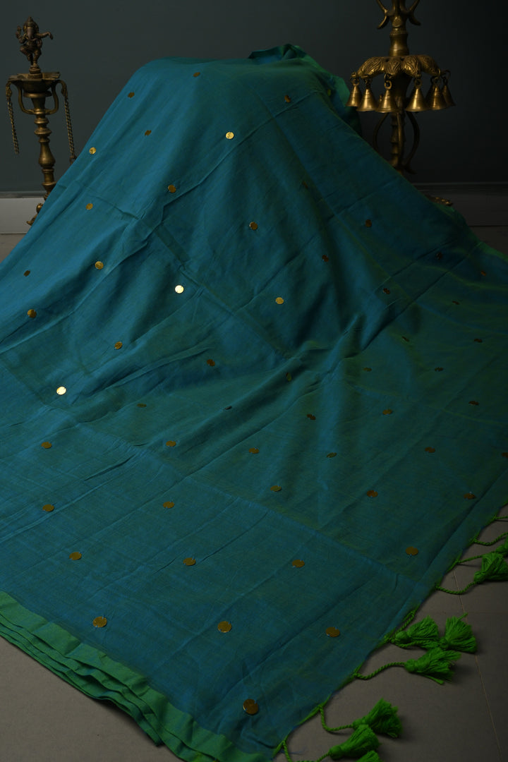 Peacock Blue-Green Mercerized Mul Cotton Saree with Tikki Work and Long Tassels, No Blouse Piece | SHOBITAM