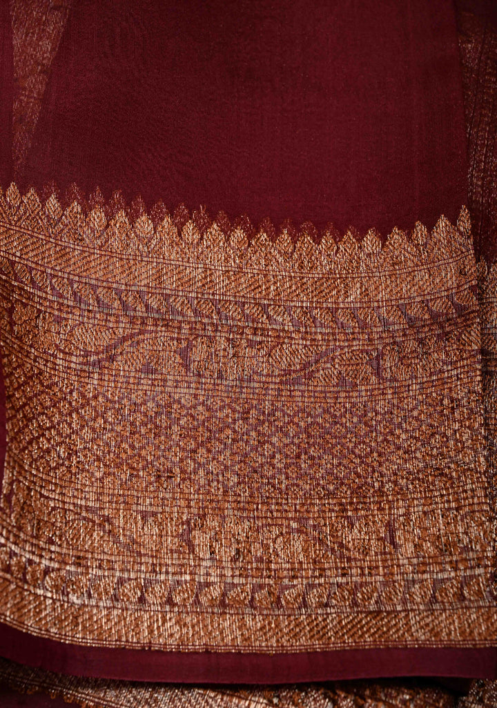 Maroon Pure Banarasi Kora Silk Saree with Floral Antique Zari Buttas and Zari Border| SILK MARK CERTIFIED | SHOBITAM