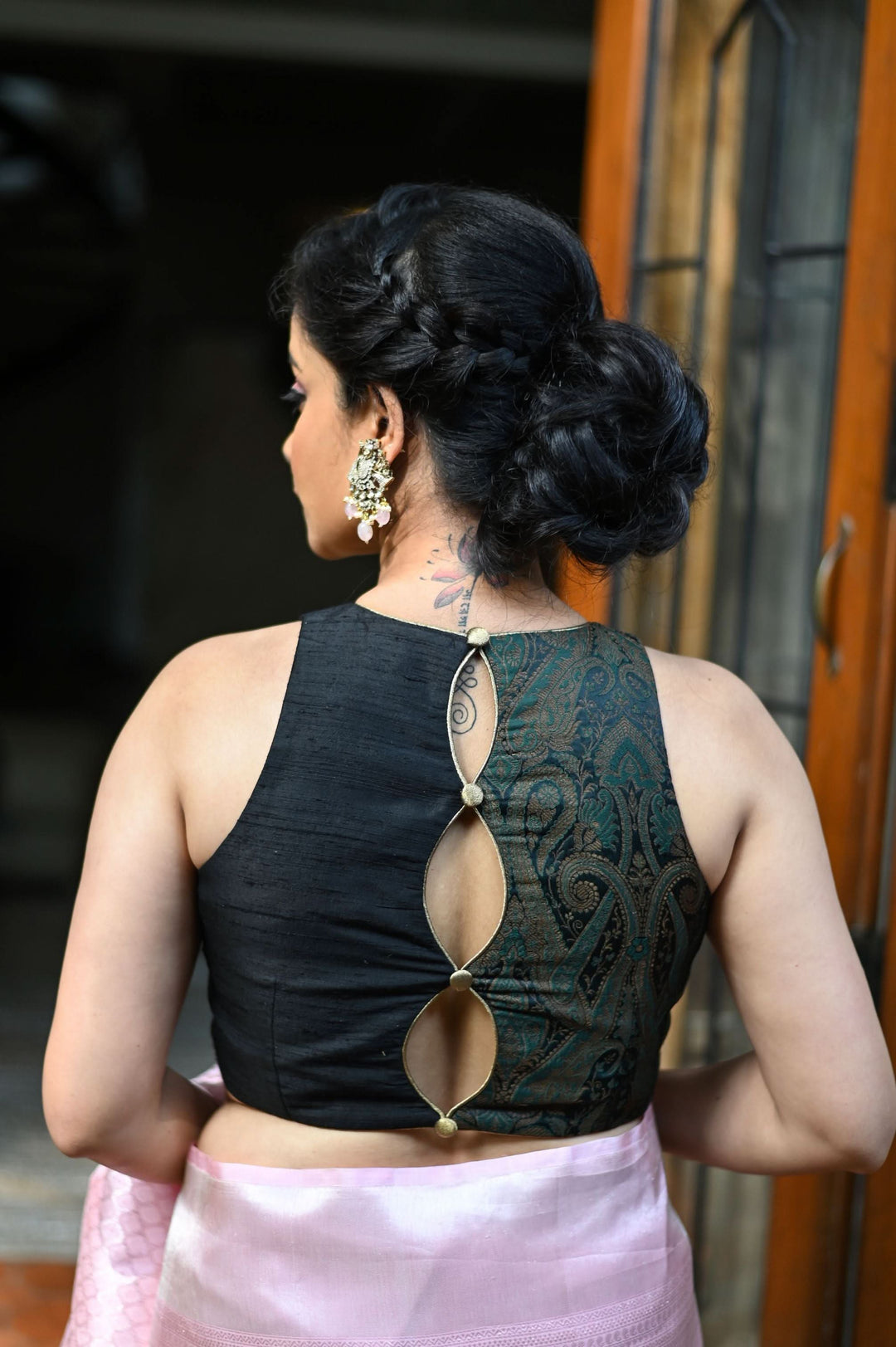 Made to Measure: Black green brocade & black rawsilk three loop back opening