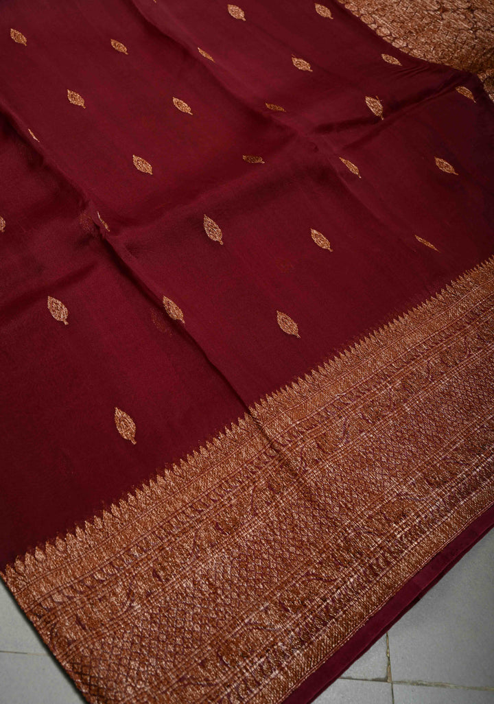 Maroon Pure Banarasi Kora Silk Saree with Floral Antique Zari Buttas and Zari Border| SILK MARK CERTIFIED | SHOBITAM