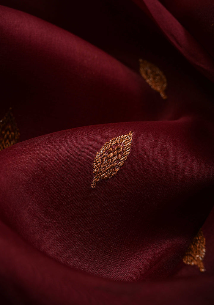 Maroon Pure Banarasi Kora Silk Saree with Floral Antique Zari Buttas and Zari Border| SILK MARK CERTIFIED | SHOBITAM