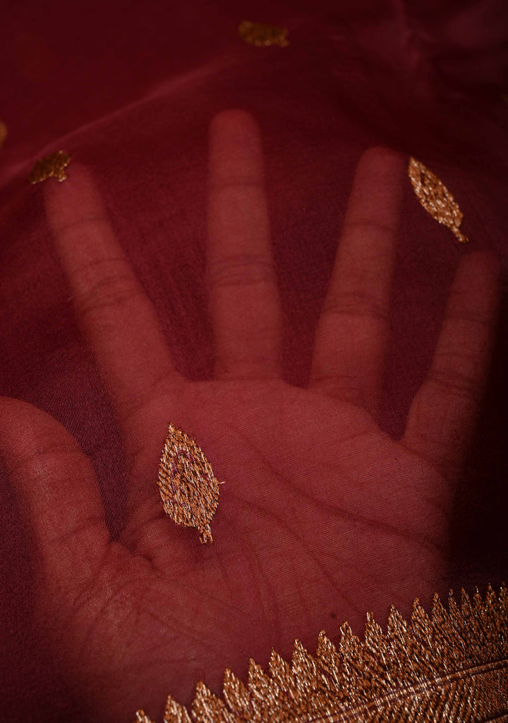 Maroon Pure Banarasi Kora Silk Saree with Floral Antique Zari Buttas and Zari Border| SILK MARK CERTIFIED | SHOBITAM