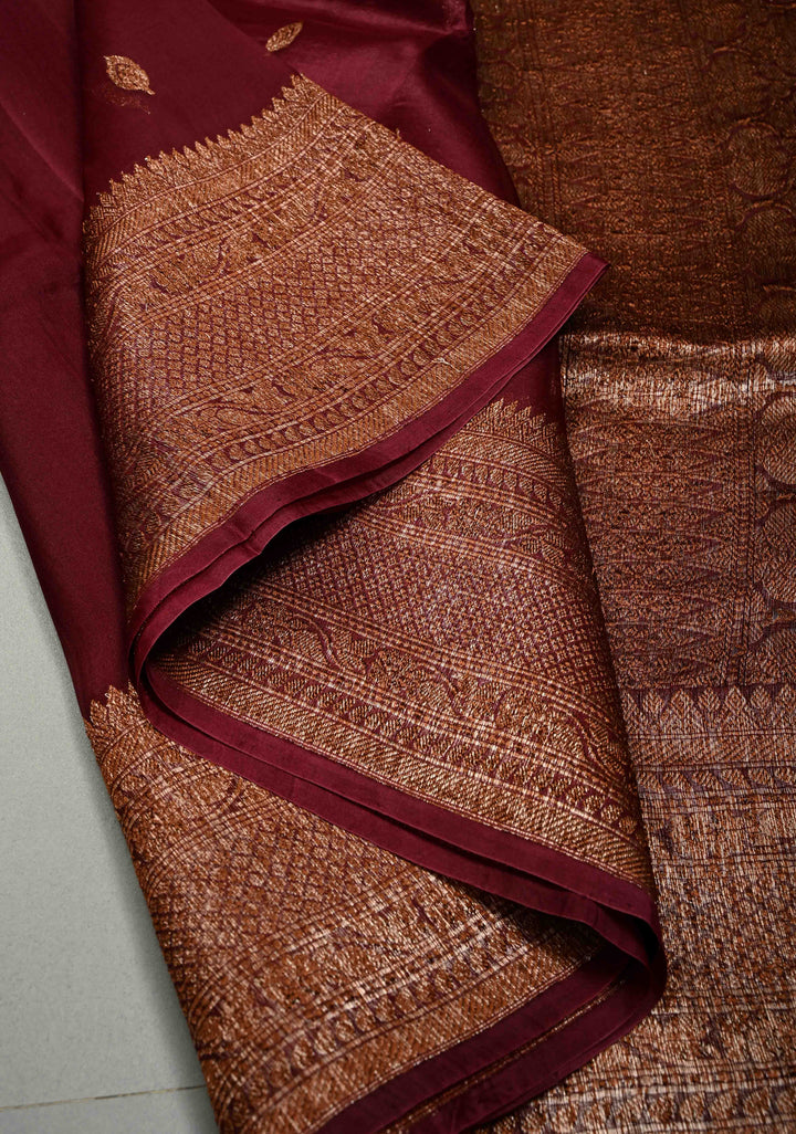 Maroon Pure Banarasi Kora Silk Saree with Floral Antique Zari Buttas and Zari Border| SILK MARK CERTIFIED | SHOBITAM