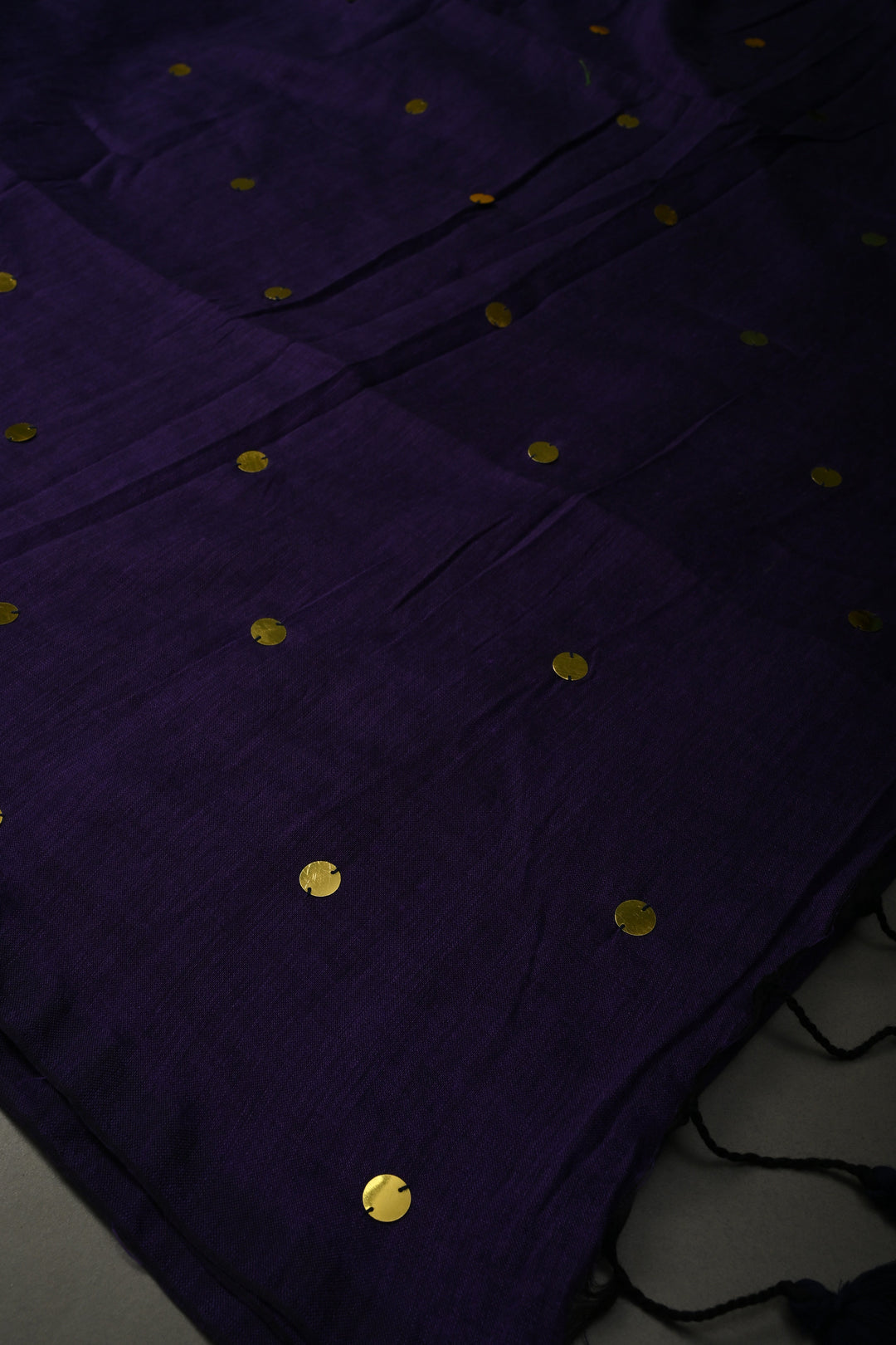 Eggplant Purple Mercerized Mul Cotton saree in With Tikki work and Long Tassels, No Blouse Piece | SHOBITAM