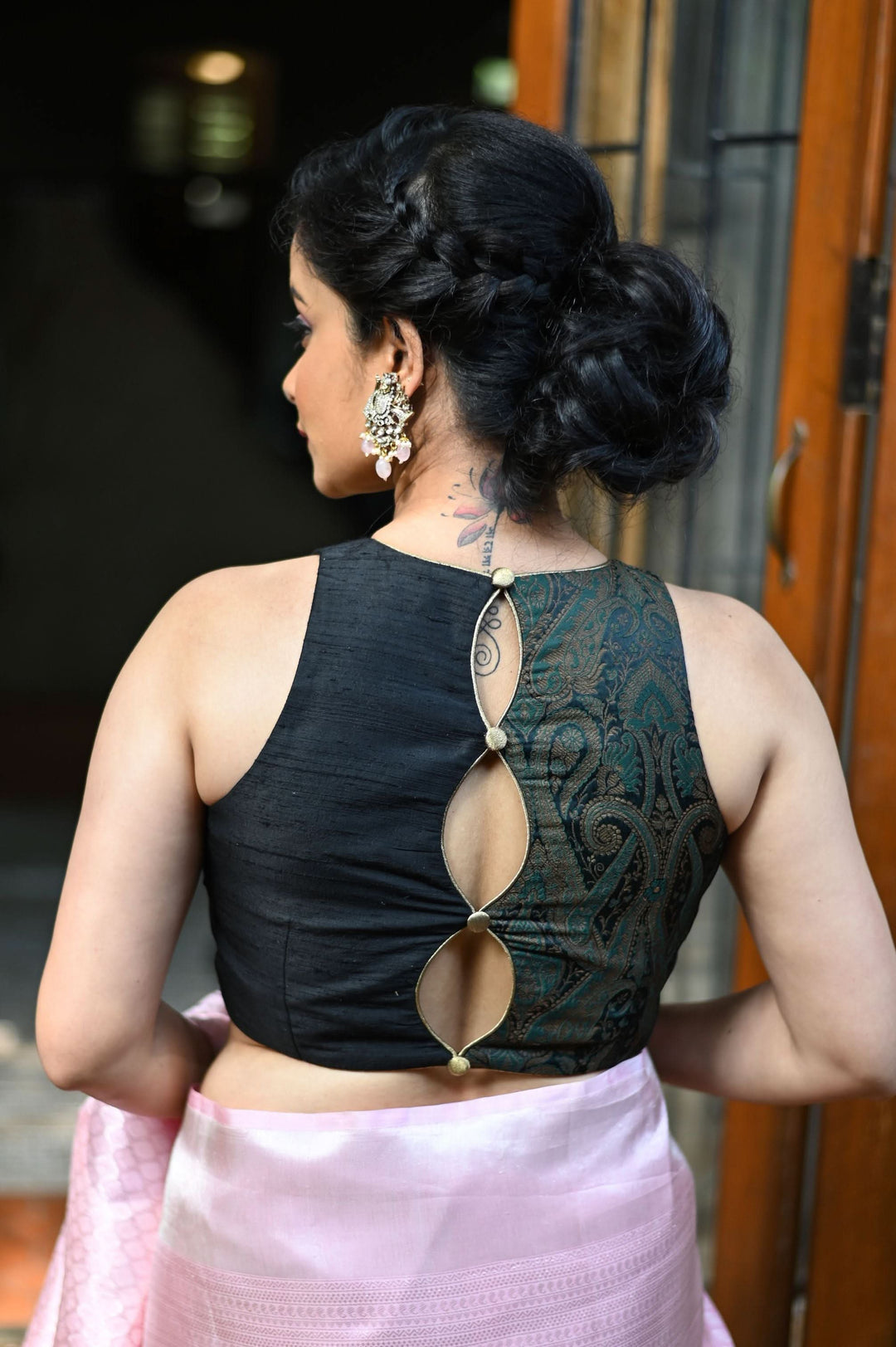 Made to Measure: Black green brocade & black rawsilk three loop back opening