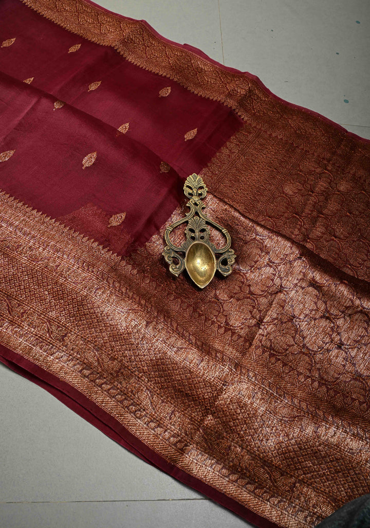 Maroon Pure Banarasi Kora Silk Saree with Floral Antique Zari Buttas and Zari Border| SILK MARK CERTIFIED | SHOBITAM