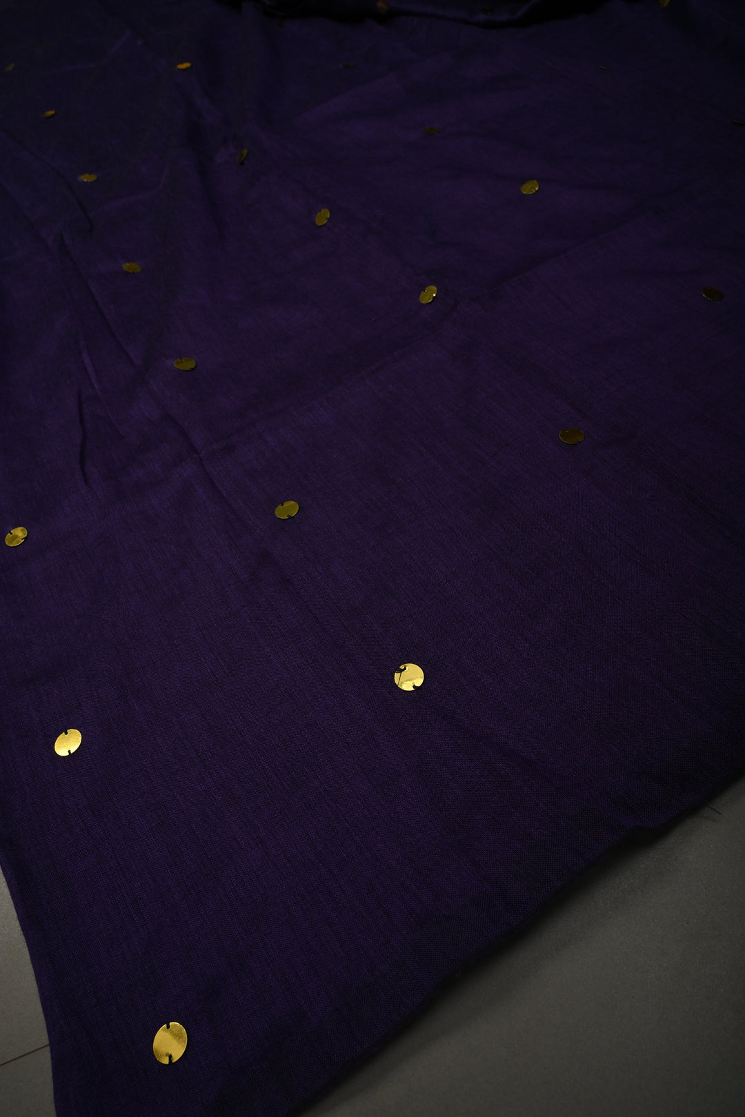 Eggplant Purple Mercerized Mul Cotton saree in With Tikki work and Long Tassels, No Blouse Piece | SHOBITAM