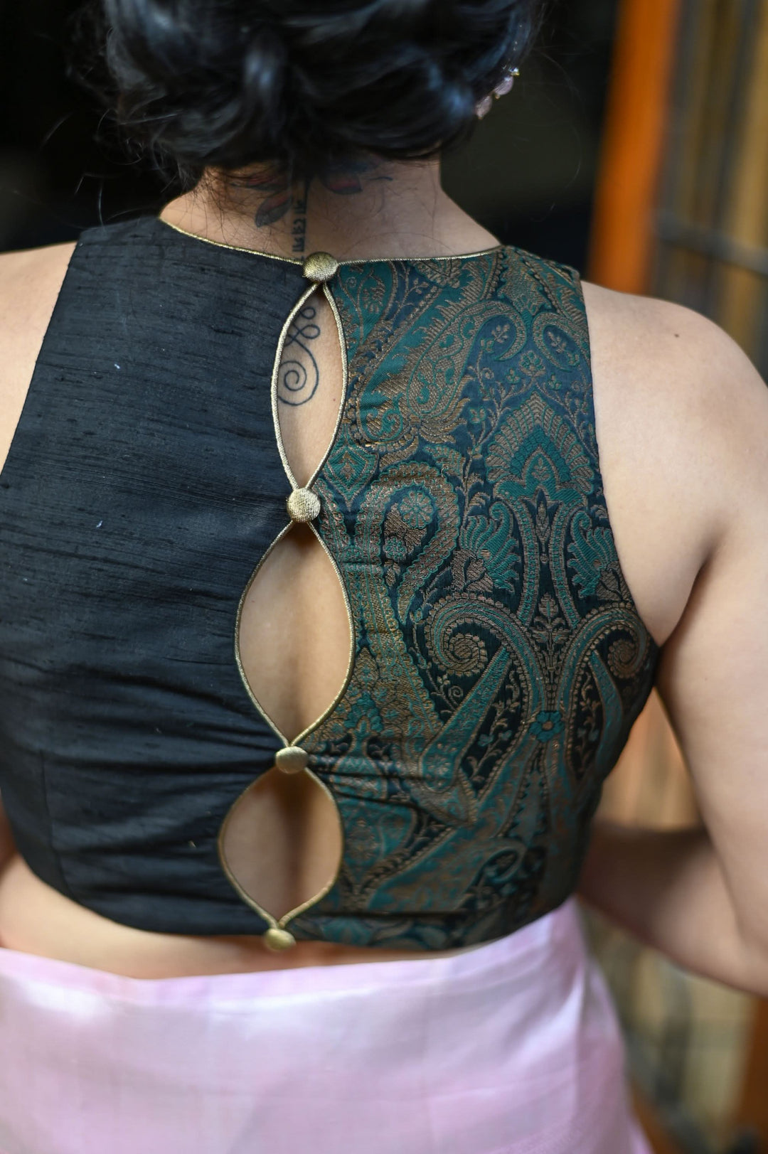 Made to Measure: Black green brocade & black rawsilk three loop back opening