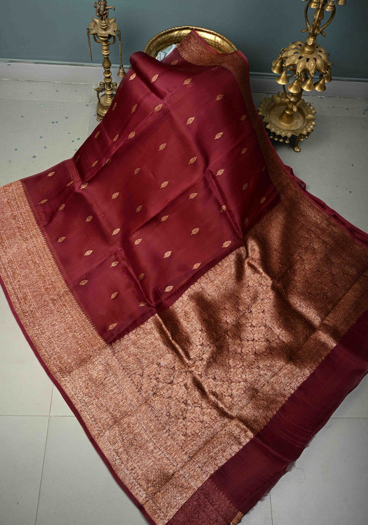 Maroon Pure Banarasi Kora Silk Saree with Floral Antique Zari Buttas and Zari Border| SILK MARK CERTIFIED | SHOBITAM
