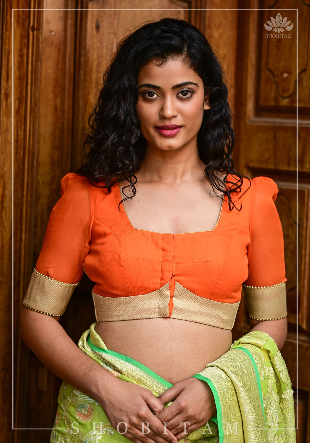 Orange chiffon & Gold brocade Square neck blouse with back detailing