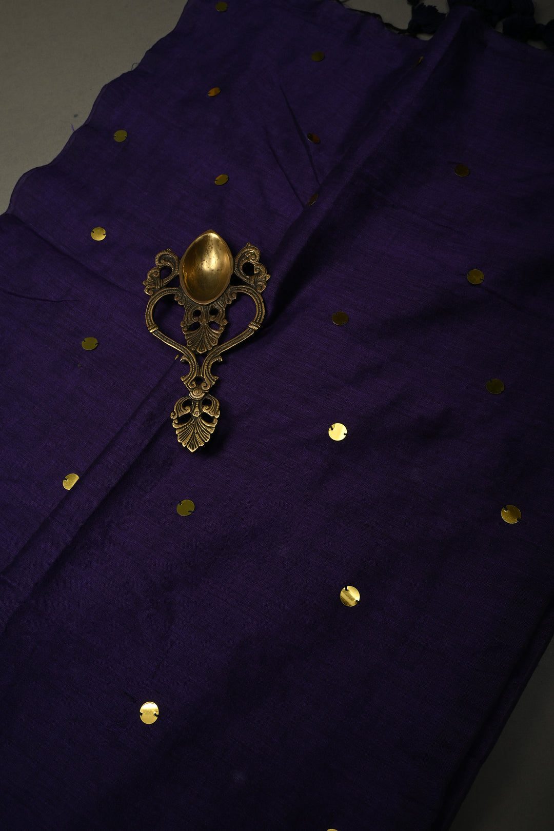 Eggplant Purple Mercerized Mul Cotton saree in With Tikki work and Long Tassels, No Blouse Piece | SHOBITAM